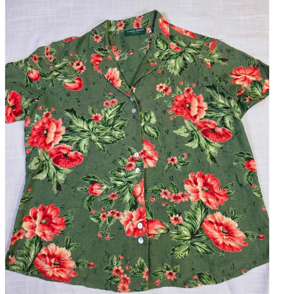 Lemon Grass Studio Green Red Floral Linen Blend Eyelet Button Up Top Size M
